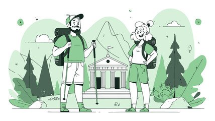 Adventure Illustration of Hikers with Mountains and Landmark in Background
