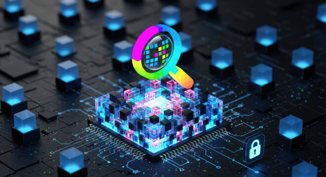 Advanced Data Analysis and Cybersecurity Solutions A Magnifying Glass Inspecting Digital Information on a Circuit Board Unveiling Insights and Protecting Data - Powered by Adobe