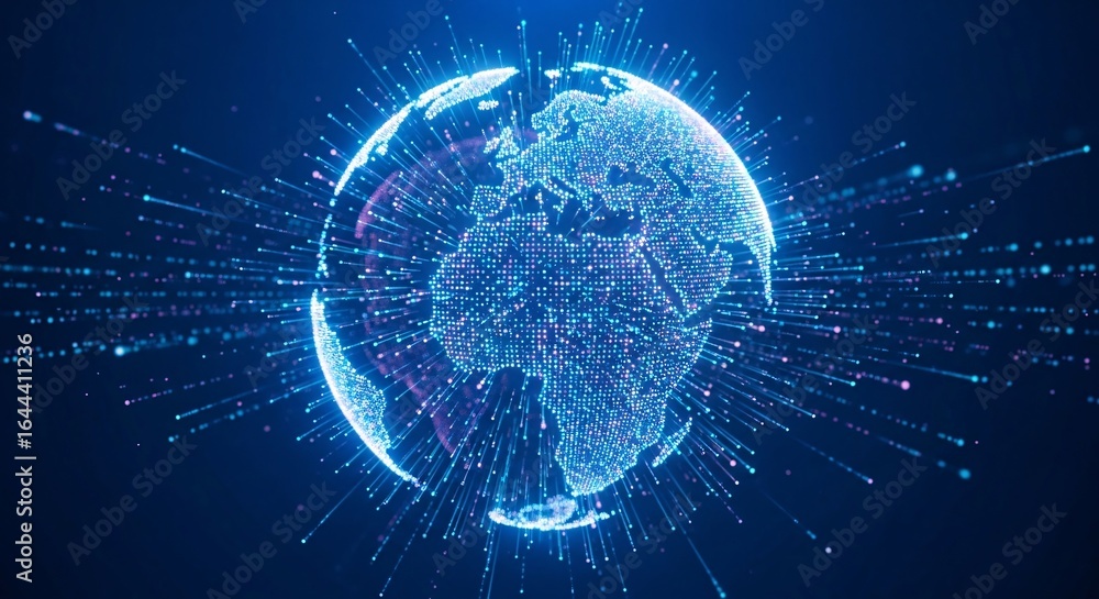 Aufkleber global data network visualization with glowing dots and lines, illustrating interconnectedness and d