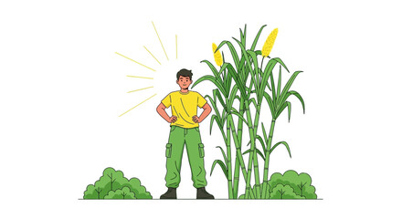 Illustration of a farmer standing confidently beside his healthy sugarcane crop