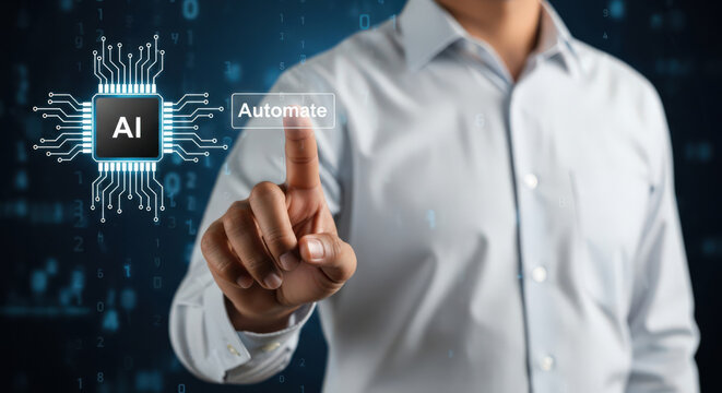 Artificial Intelligence Automation Concept with Hand Touching Digital Screen to Activate AI System for Modern Technology and Machine Learning Solutions