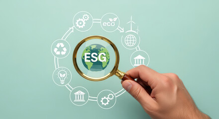 Fototapeta premium ESG Environmental Social Governance Concept Magnifying Glass Focusing on Sustainability and Corporate Responsibility with Icons Representing Eco-Friendly Practices