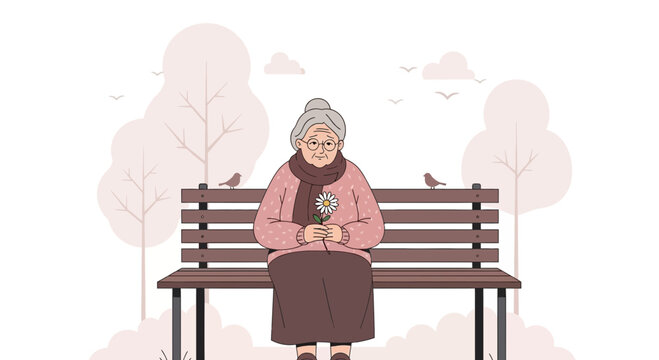 Illustration of a serene senior woman enjoying peace in the park with nature