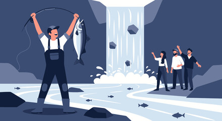 Fototapeta premium Illustration of a fisherman catching a fish with a waterfall and cheering audience in the background
