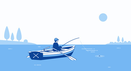Illustration of a fisherman on a lake in a rowboat enjoying a sunny day fishing