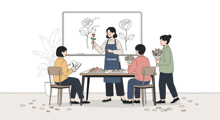 Illustration of a flower arrangement class with students learning from a teacher