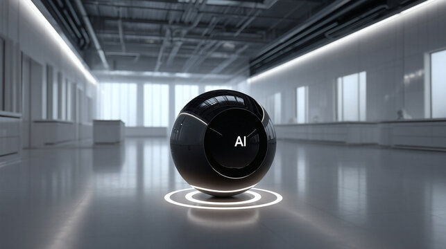 A spherical smartdevice	with a black glossy	surface projecting	a white 'AI' hologram in	a	clean	futuristic lab.
