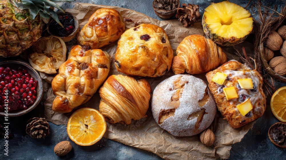 Poster assorted pastries and bread on a rustic background.