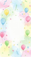 Watercolor Birthday Frame with Balloons and Confetti, Pastel Colors