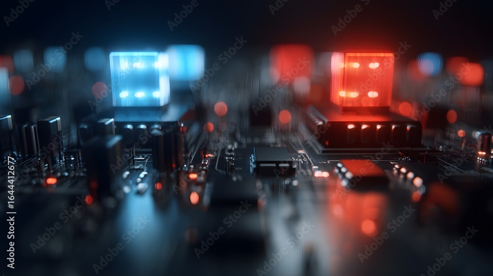 Aufkleber close-up view of a circuit board with illuminated components.