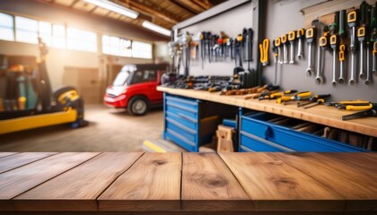 empty wooden table top with blurred background of home workshop interior mechanic tools and workbench in garage for product display montage