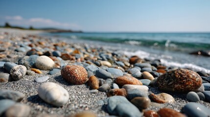 Rocky beach shoreline with smooth pebbles and ocean waves under clear blue sky du daytime landscape photo