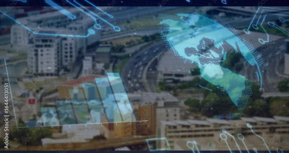 Poster faint circuit lines appearing over cityscape, sliding panel, 3d globe rotating for data monitoring