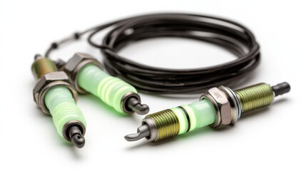 Three spark plugs, glowing green, beside a coiled wire against a white background