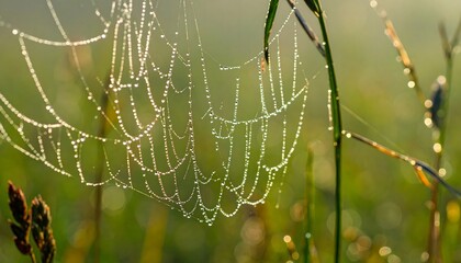 Intricate spiderweb glistening with morning dew drops, a delicate masterpiece of nature's artistry in a sunlit meadow.