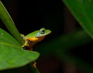 Obraz premium A small green frog on leaves