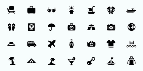 Vacation & Travel Holiday Line Art Vector Icons — Beach, Adventure, Flights, Accommodation, Leisure, and Vacation Essentials

