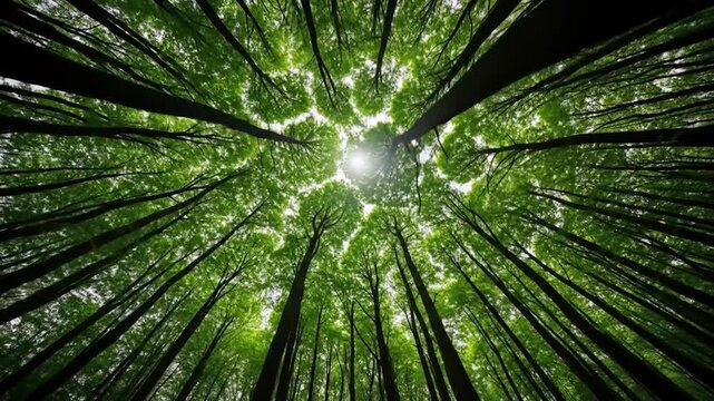 Forest Canopy View: Sun Shining Through Green Tree Tops in a Dense Woodland