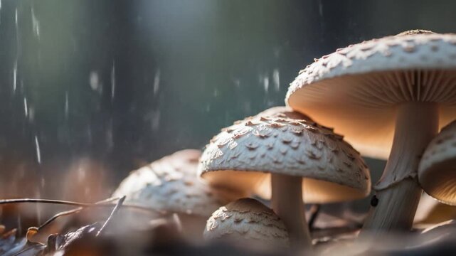 Forest Floor Fungi: Parasol Mushrooms in a Gentle Rain Shower, Close-Up View