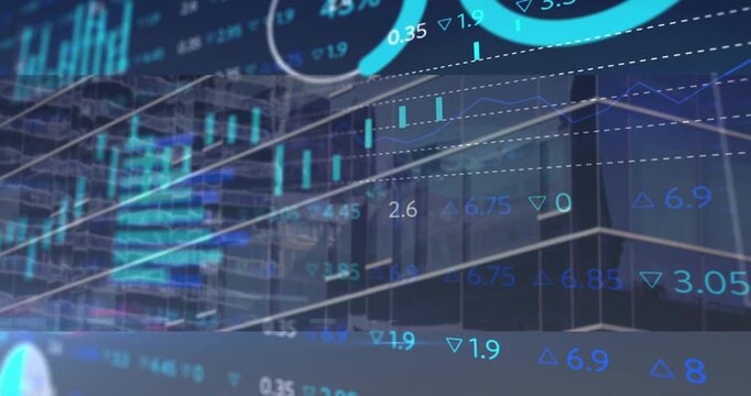 Teal candlestick bars sliding in, trend line tracing, gauges filling, visualizing market data