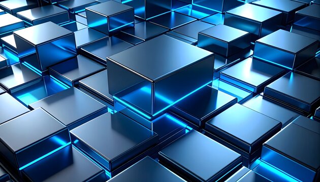 Futuristic digital landscape of glowing blue metallic cubes arranged in an abstract grid pattern, symbolizing technology and data.