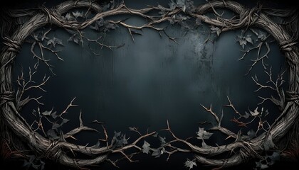 dark gothic fantasy backdrop framed by dry branches thorns ivy old black worn grunge background bordered with horror dry branches and thorns medieval cinematic dark fantasy theme
