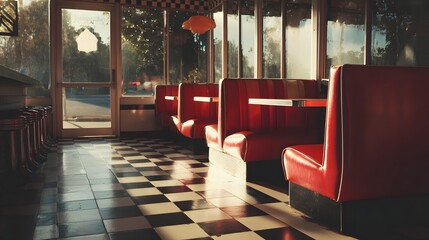 Sunlight streams into a vintage diner with red booths.