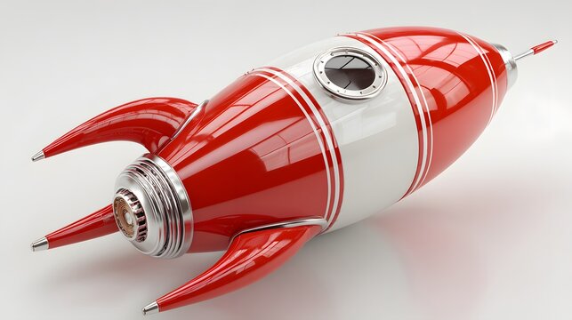 A glossy red and white rocket angled against a plain background. - Powered by Adobe
