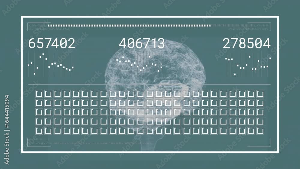 Aufkleber noise starting 3d-brain appearing in gui frame, analyzing metrics, bar filling, brain fading