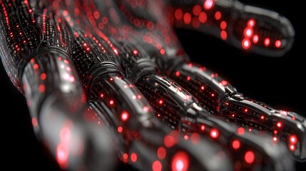 Close-up view of a metallic robotic hand with glowing red details.