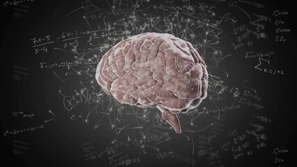 3D brain model appearing triggers rotation with pulsing lines and chalk equations visualizing math - Powered by Adobe