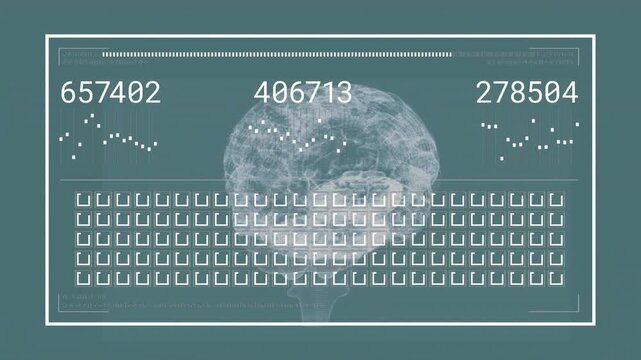 Noise starting 3D-brain appearing in GUI frame, analyzing metrics, bar filling, brain fading