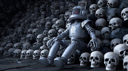 A metallic robot sits amidst a multitude of skulls.