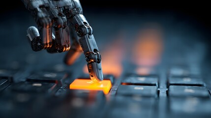 Mechanical hand presses a glowing key.