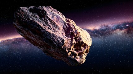 Large space rock against a backdrop of stars and galaxies.