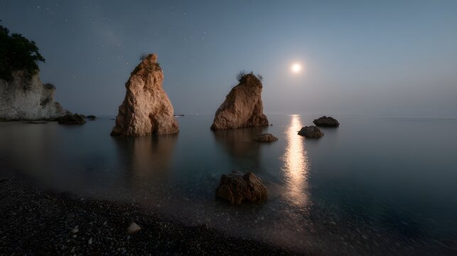 Peaceful coastal scene at night with moonlit rocks.