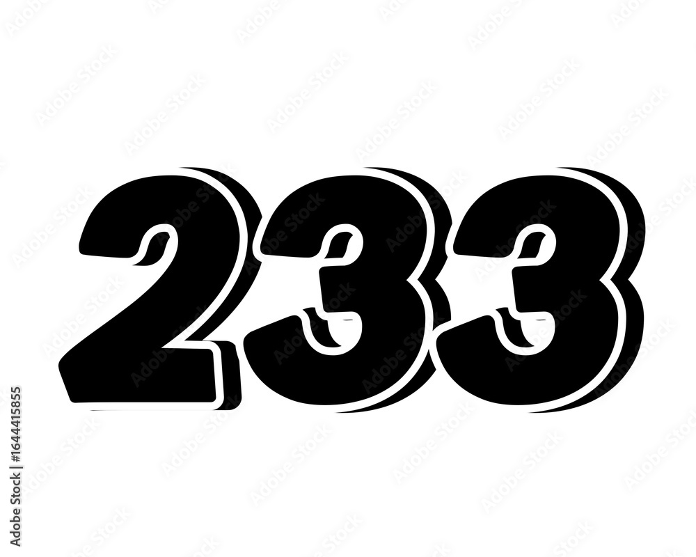 Poster black number 233 /sign symbol on transparent background, with a bold, 3d appearance and shadow effec