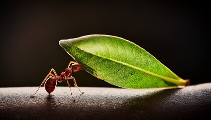 solitary ant stands dark background tiny form proudly carrying delicate leaf remarkable precision deliberate