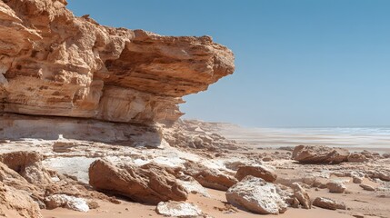 Rocky shoreline with overhangs and a vast expanse of sand.
