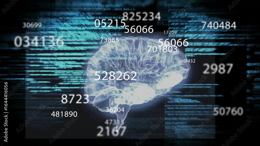 Poster on start 3d wireframe brain fading as numeric overlays appear rotating representing data processing