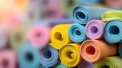 Rolled colorful exercise mats stacked in a pile.