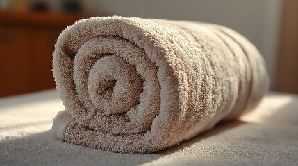 Rolled light beige towel on a surface.