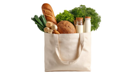 Isolated reusable shopping bag with groceries like bread and vegetables on white background