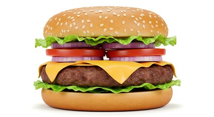 Delicious Cheeseburger with Fresh Ingredients on White Background