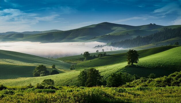 misty valley nestled amongst rolling hills lush green foliage