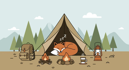 Illustration of a sleeping fox in a tent during a camping trip in nature