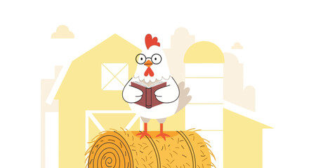Illustration of a smart chicken reading a book on a haystack in front of a barn farm atmosphere creative funny and colorful