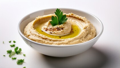 creamy baba ganoush with olive oil and parsley in a small white bowl on white background