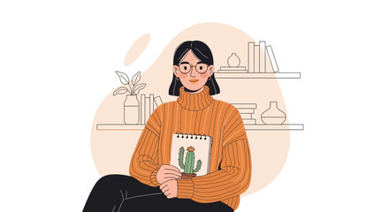 Illustration of a stylish woman drawing a cactus in her cozy home environment vector art
