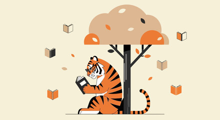 Illustration of a tiger reading a book under a tree surrounded by floating books for education